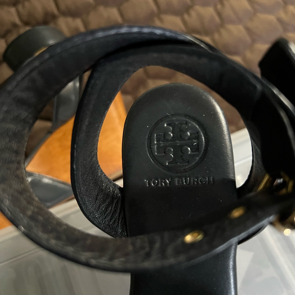 Tory Burch Blue Leather Sandal with Gold Medallion